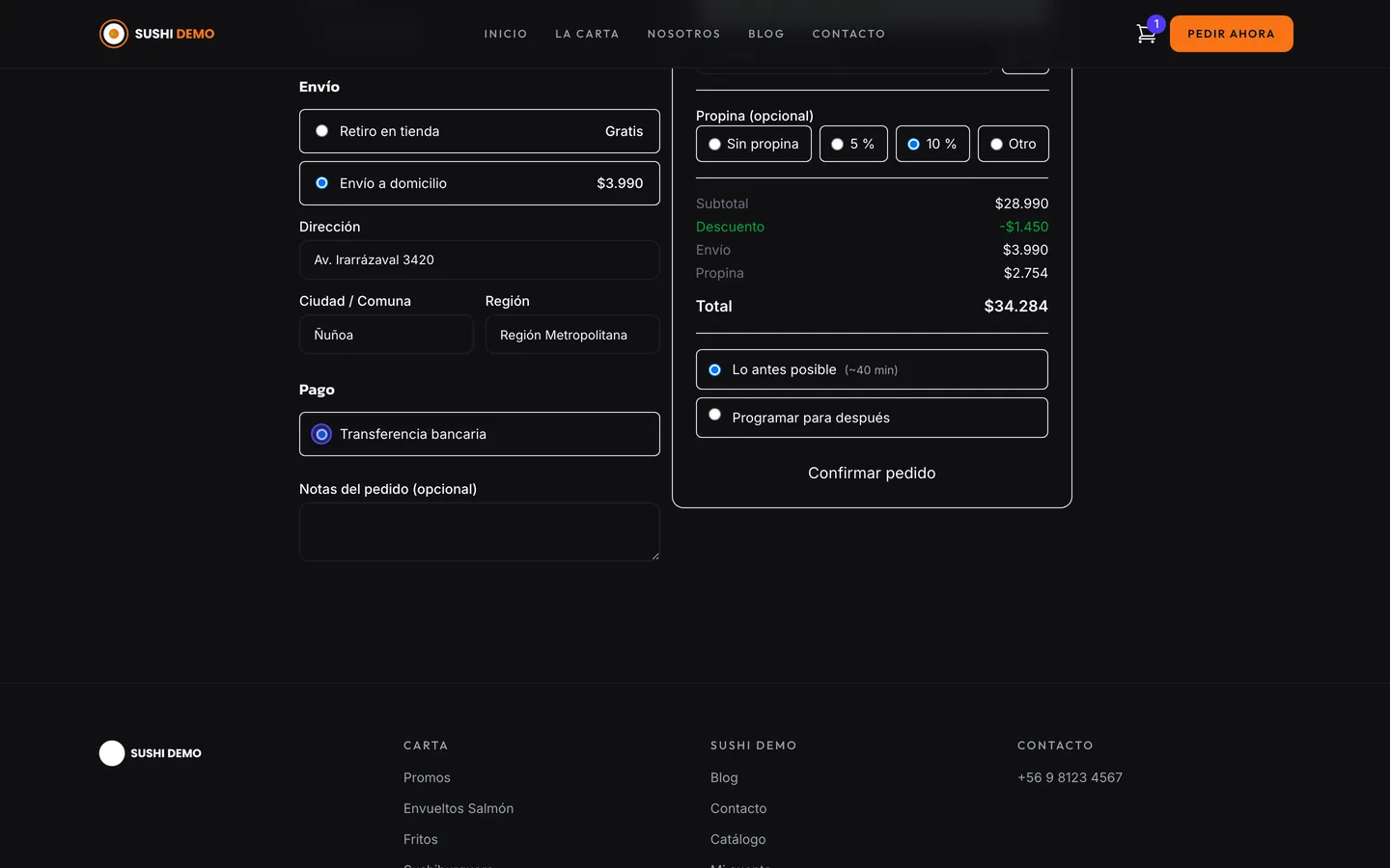 Pantalla de checkout de NegocioLink con despacho, cupón, propina y medio de pago