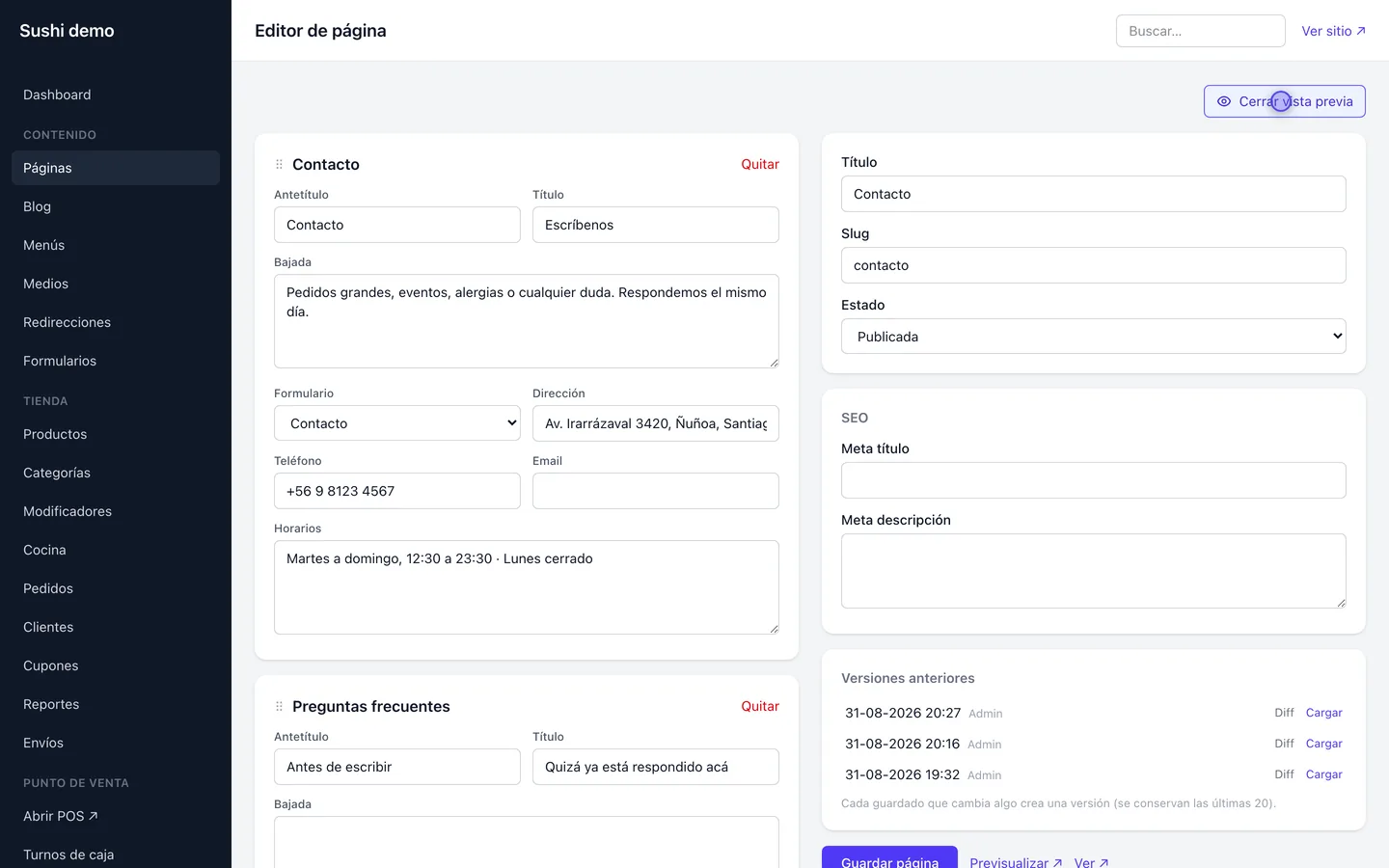 El editor de páginas de NegocioLink con la vista previa en vivo al costado